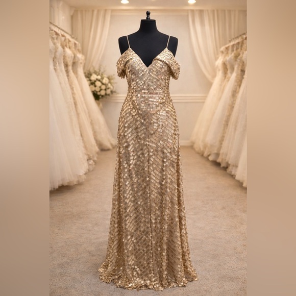 Cachet Dresses & Skirts - Cachet Champagne Sequin Evening Gown Size 6 | Off Shoulder Formal Dress